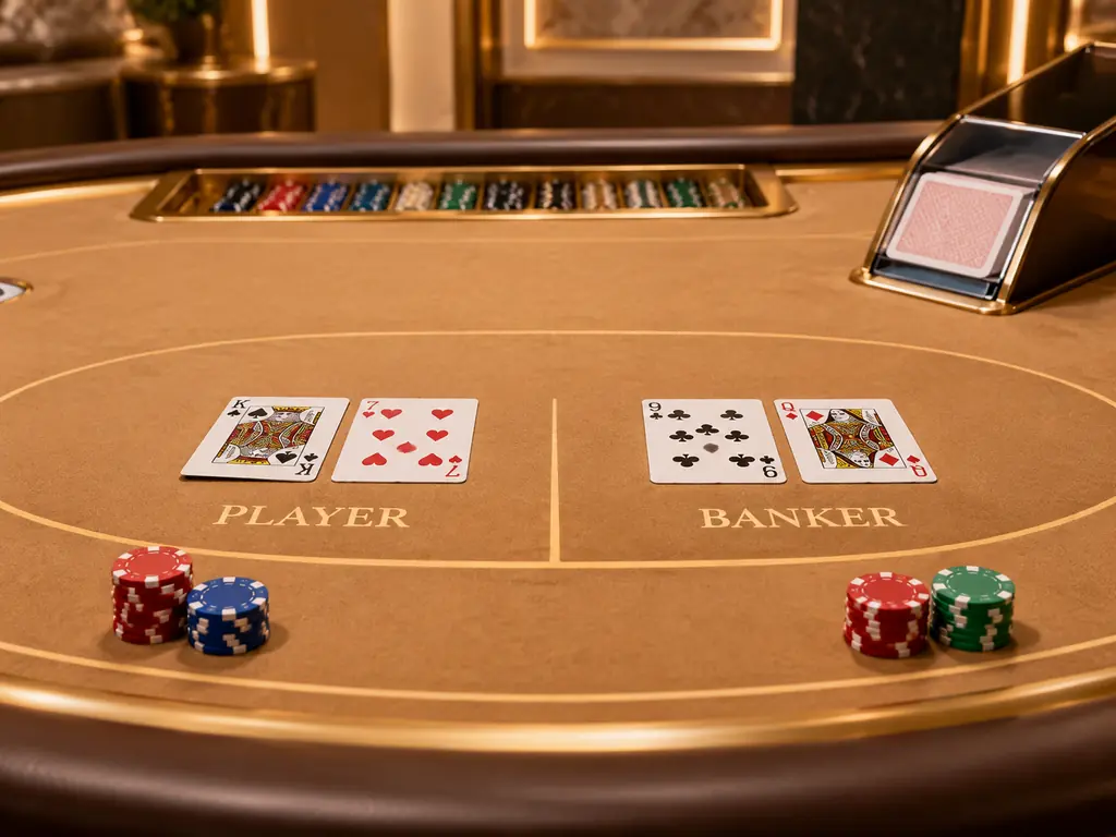 Ilustrasi meja baccarat dengan kartu terbuka, sepatu kartu dan cip