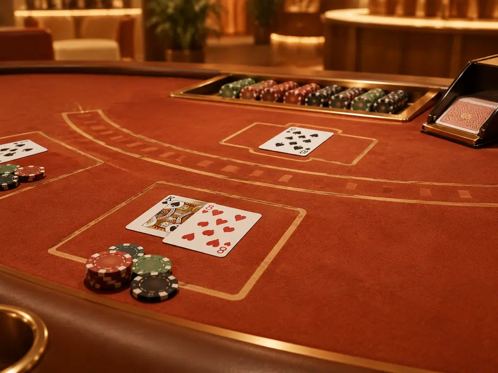 Ilustrasi meja blackjack dengan kartu dan cip yang tertata
