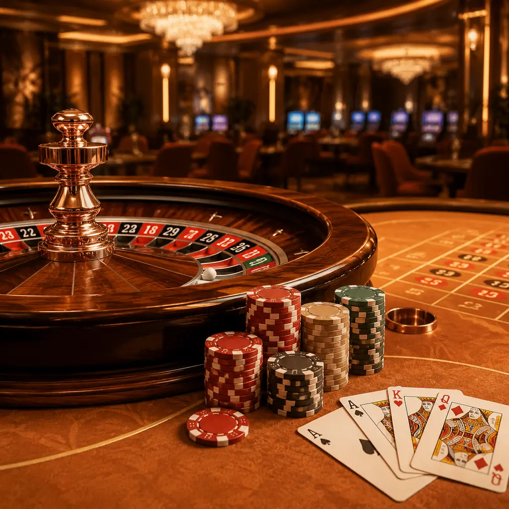 Ilustrasi ruang kasino dengan meja roulette, kartu dan tumpukan cip