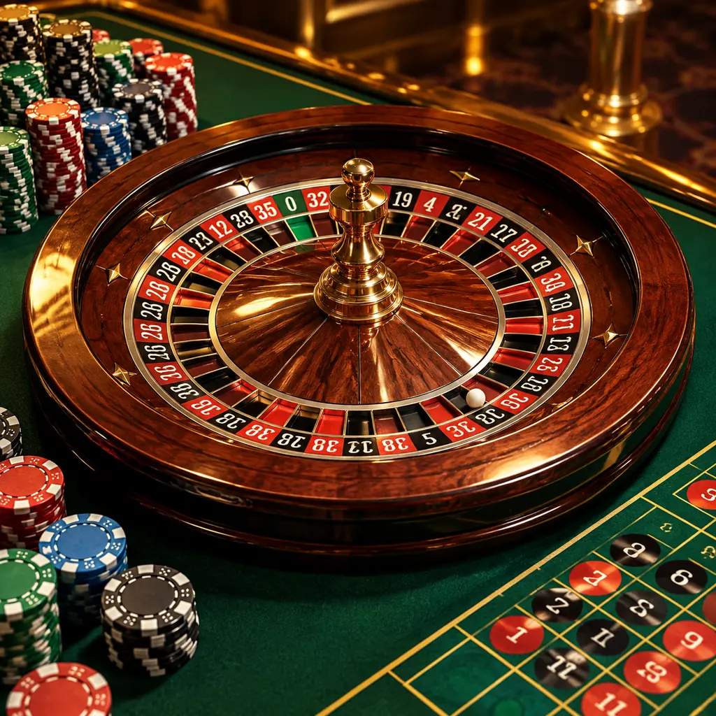 Ilustrasi roda roulette dengan bola dan cip di meja kasino